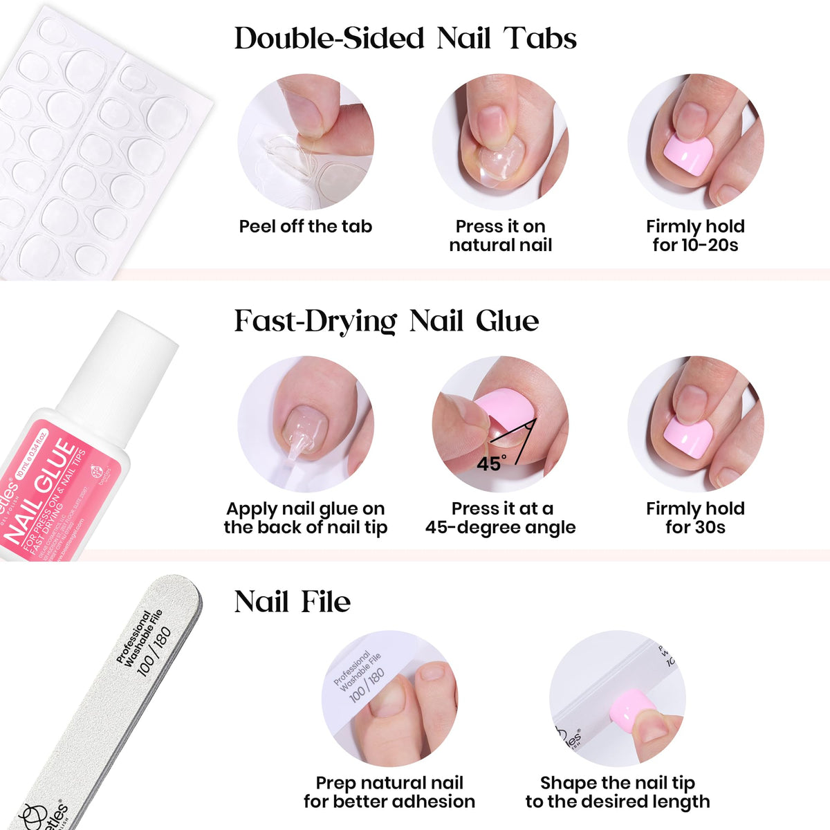 beetles Press On Toe Nails Kit displaying various nail styles
