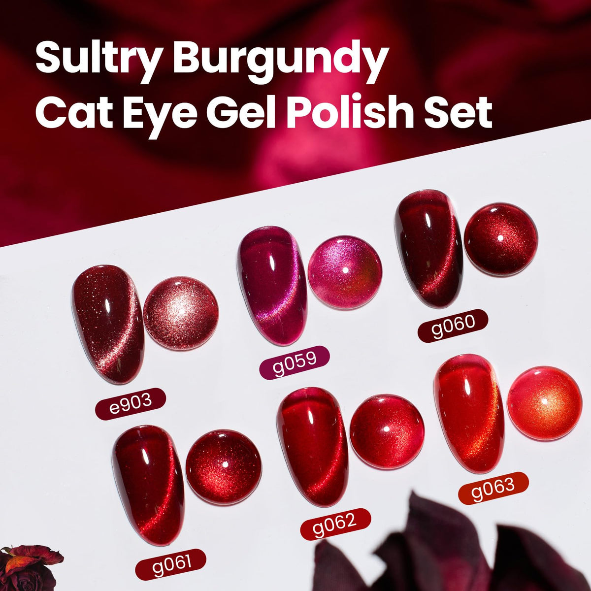 beetles Red Cat Eye Gel Nail Polish Set showing six glitter shades