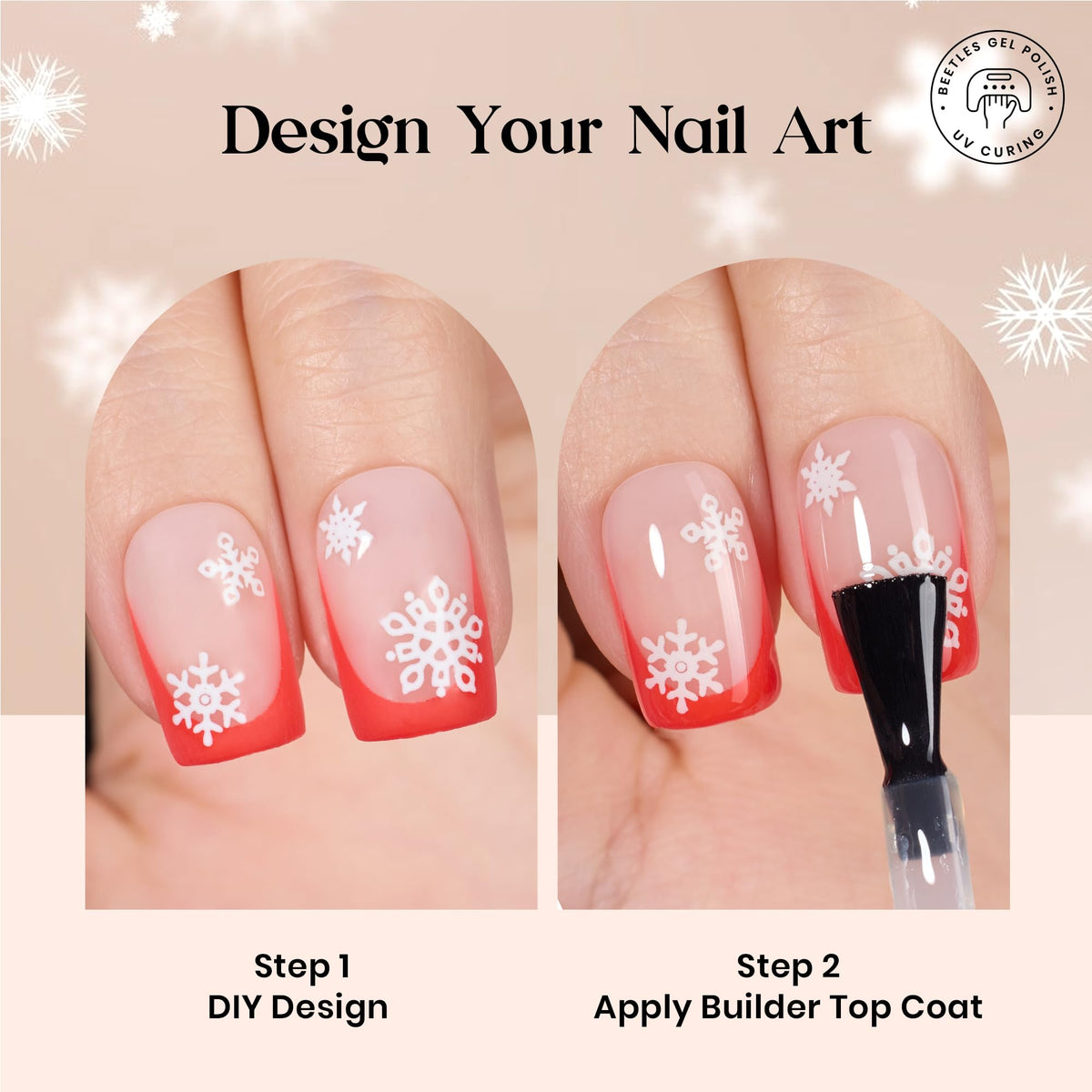 Beetles Red Press On Nails displayed with nail lamp