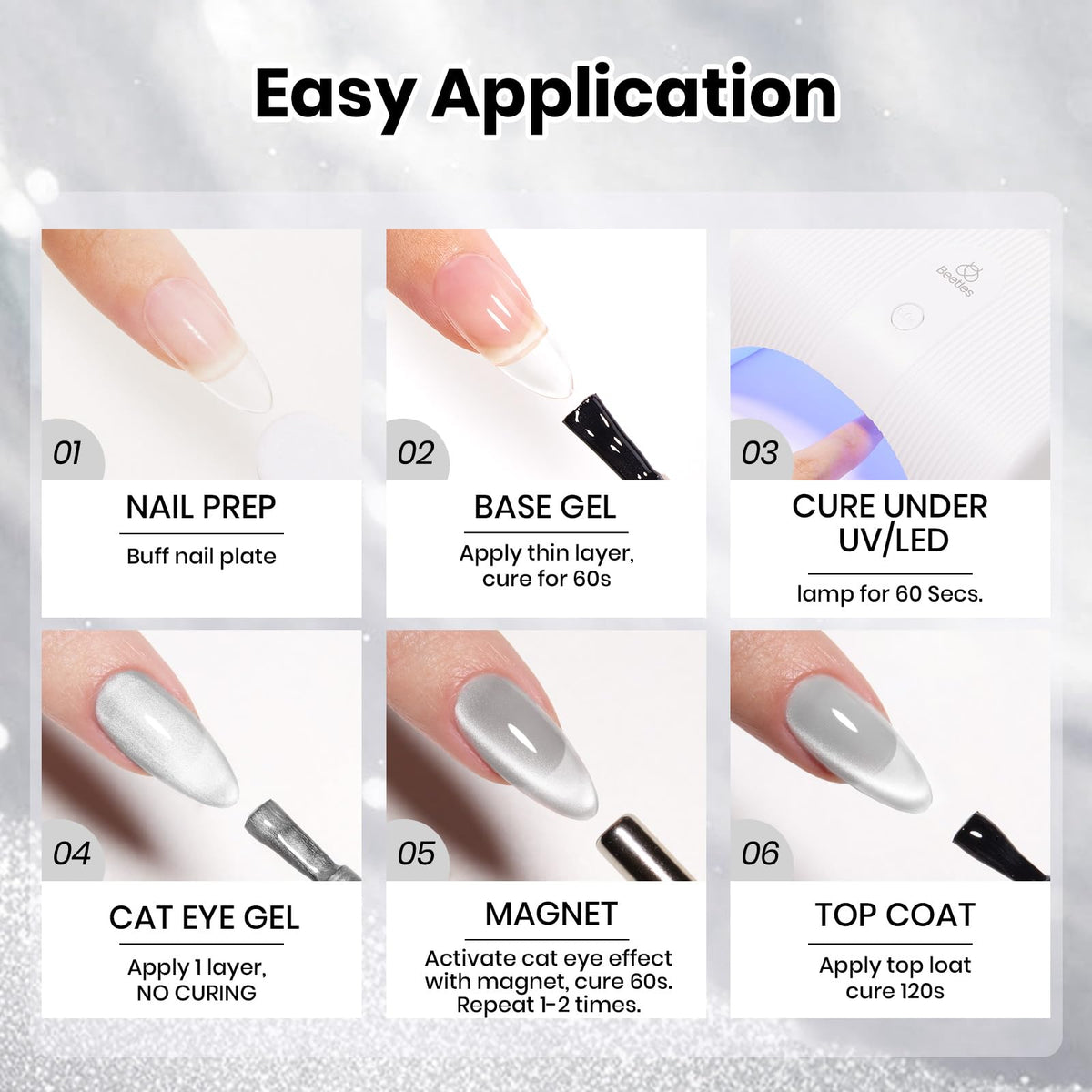 beetles Silver Cat Eye Gel Polish 15ML with nail art tools