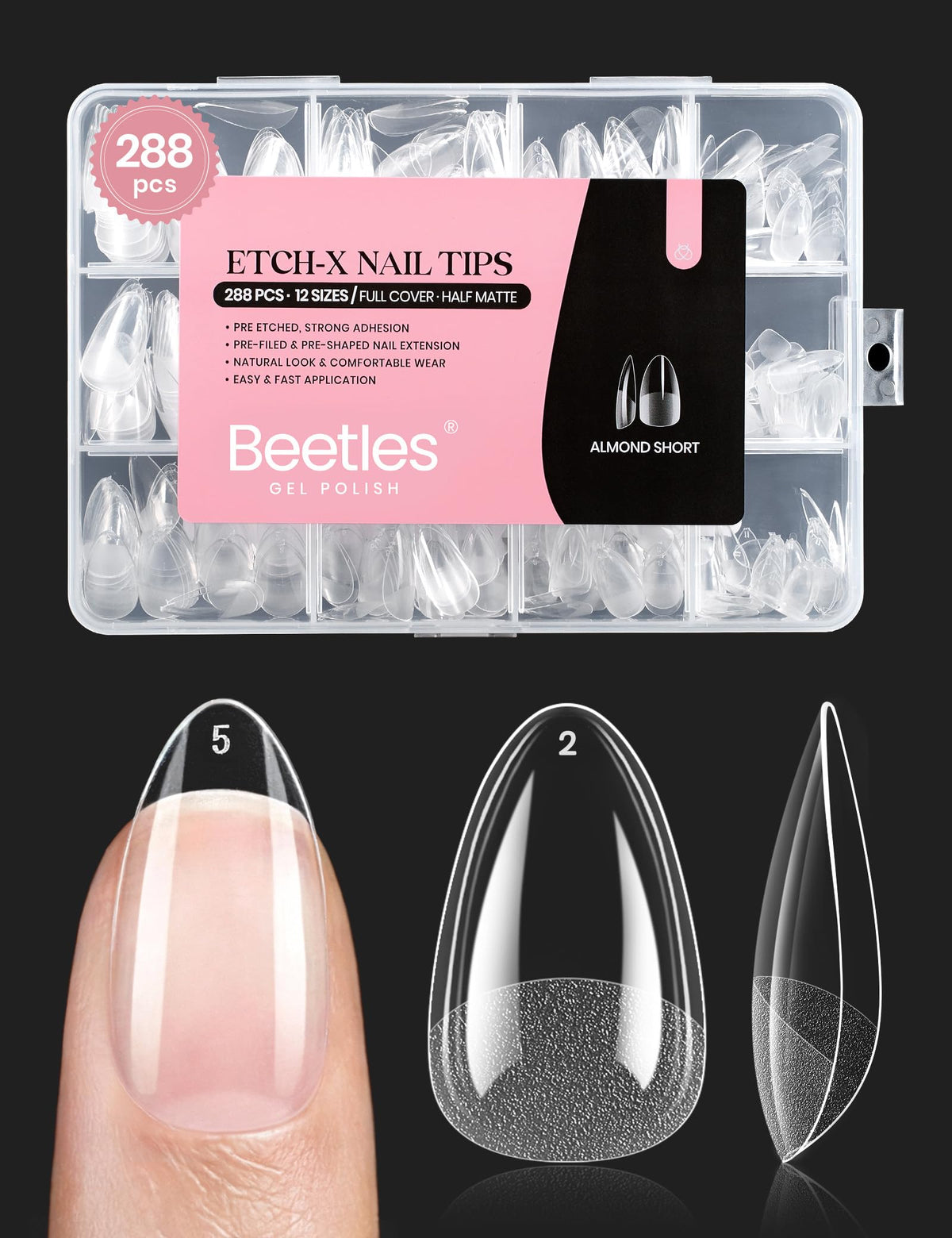 beetles Soft Gel Nail Tips Short Almond 288pcs front view