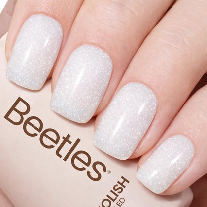beetles White Gel Nail Polish 15ml front view with shimmer finish