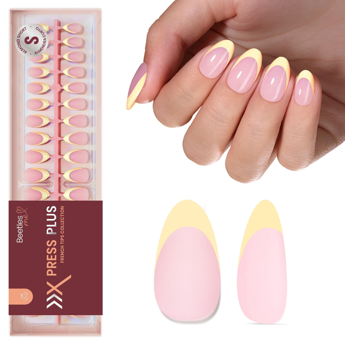Beetles Yellow French Tips Press On Nails showing size options