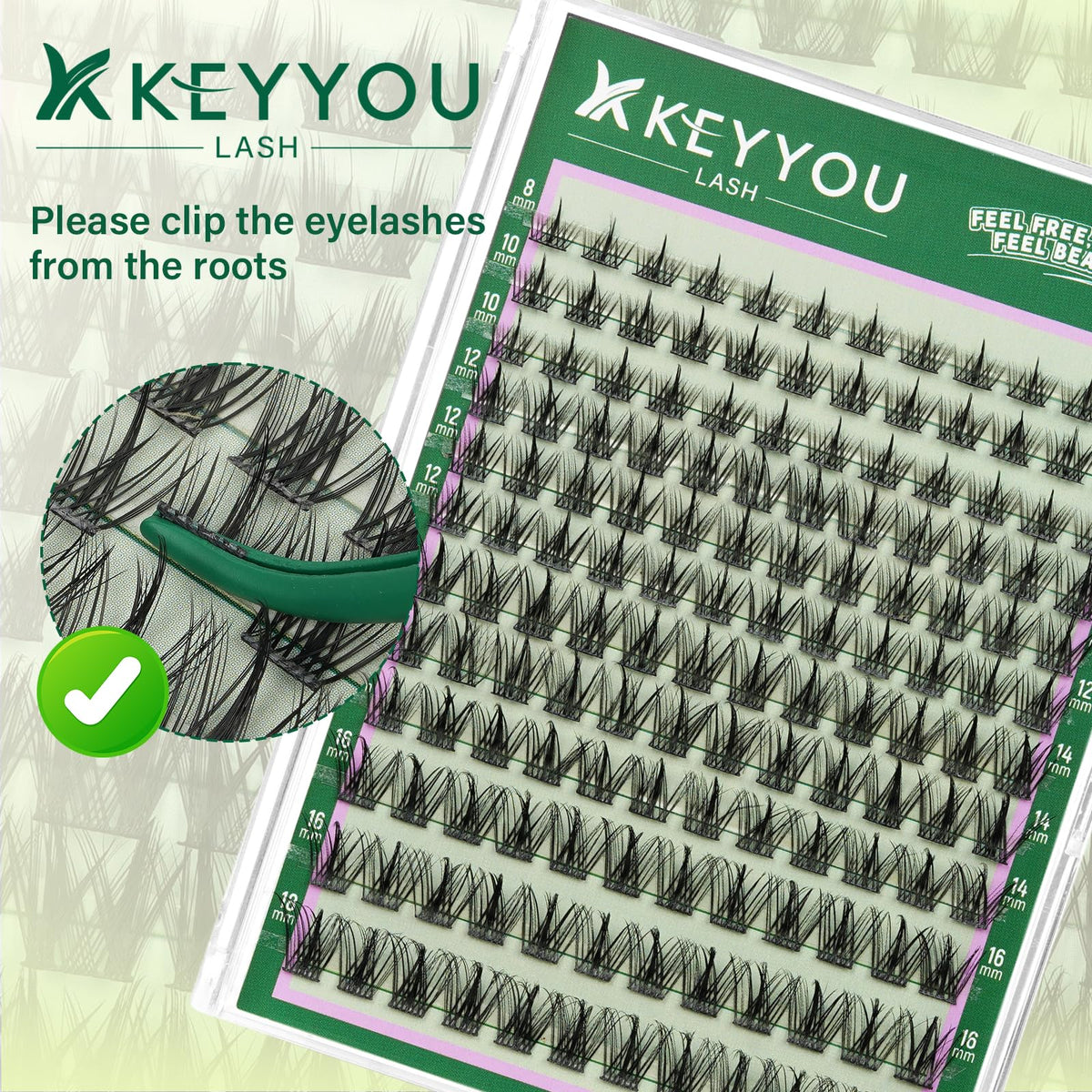 Before and after application of KEYYOU lash clusters