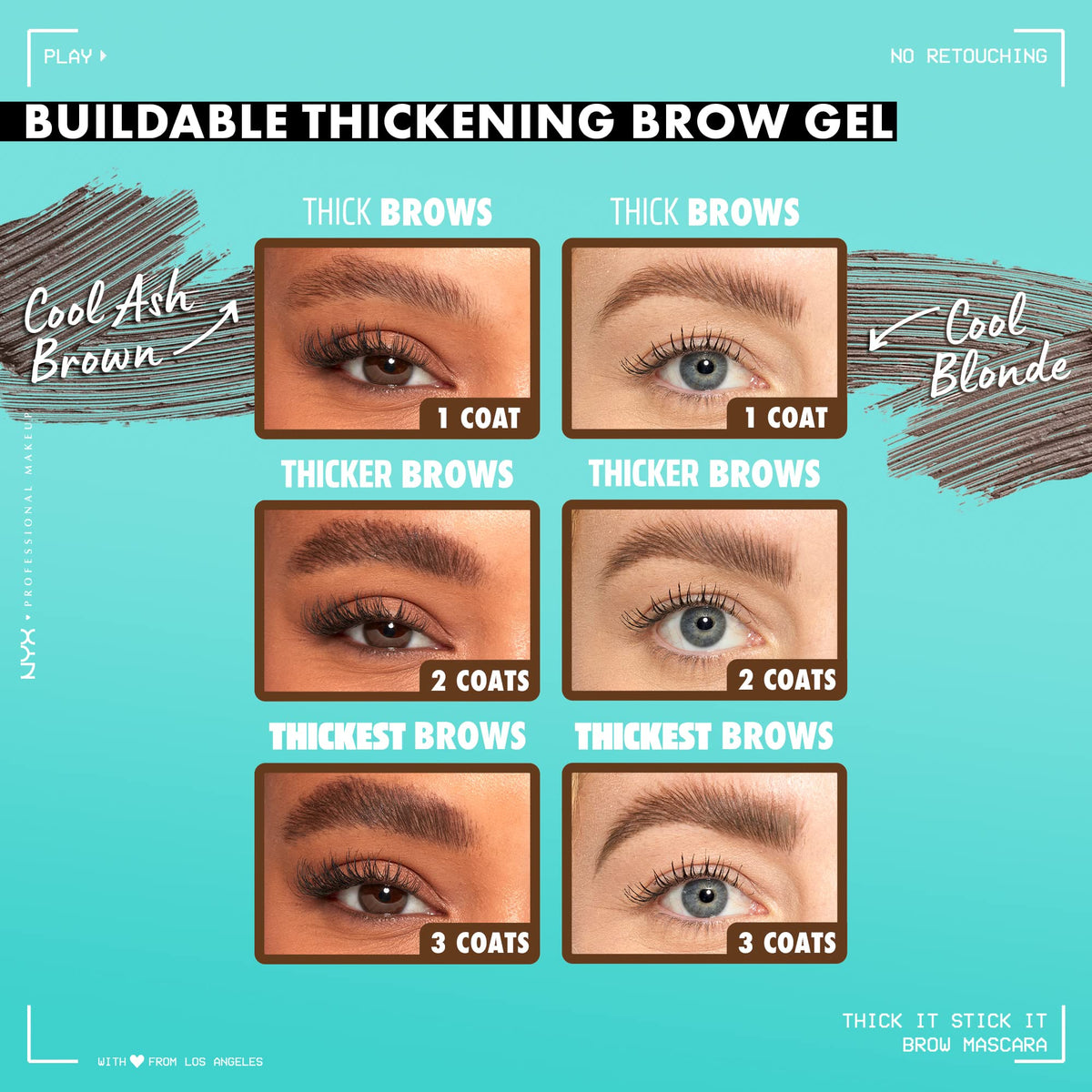 Before and after application of NYX Thick It Stick It Brow Mascara