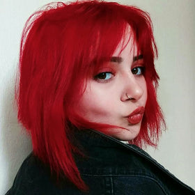 Before and after of hair dyed with MANIC PANIC Pillarbox Red