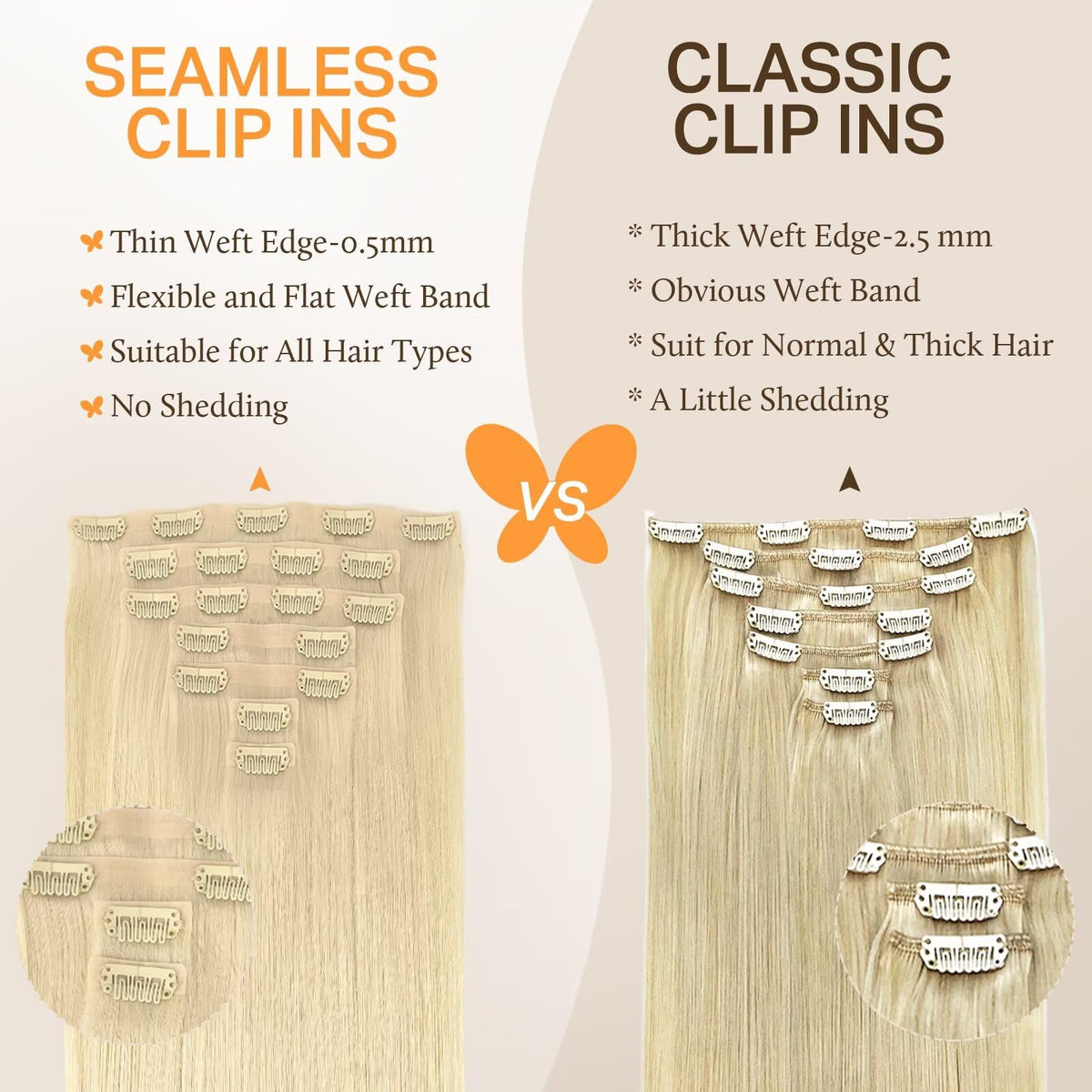 Before and after using DOORES clip-in hair extensions