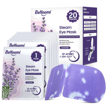 BeHoomi Steam Eye Mask 20 Packs Lavender front view with packaging