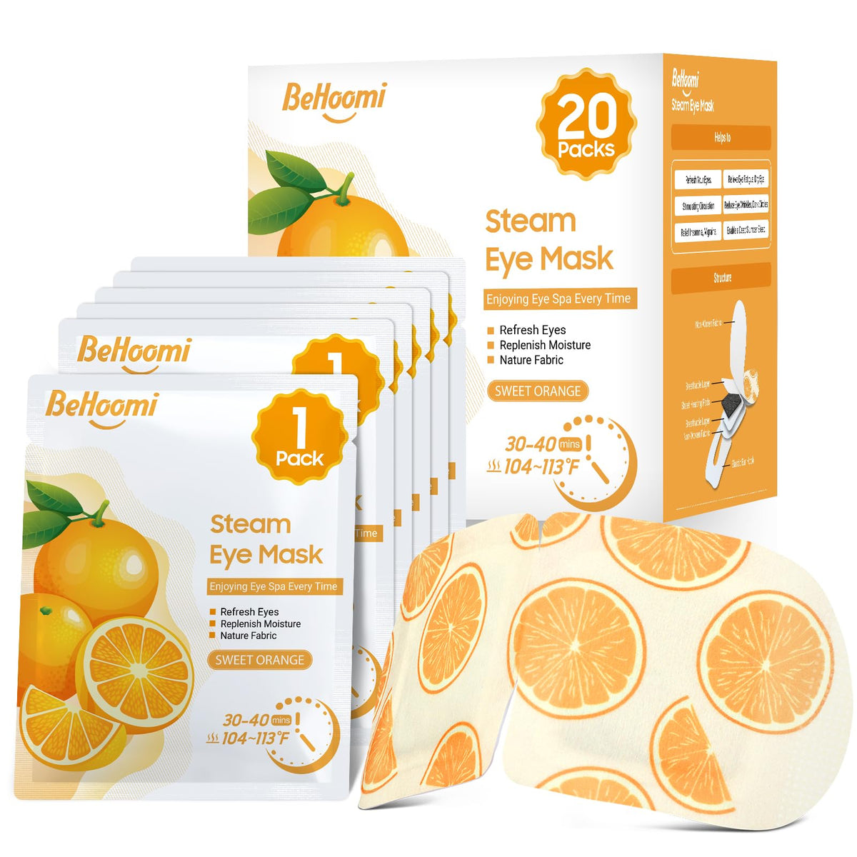 BeHoomi Steam Eye Mask front view in orange packaging