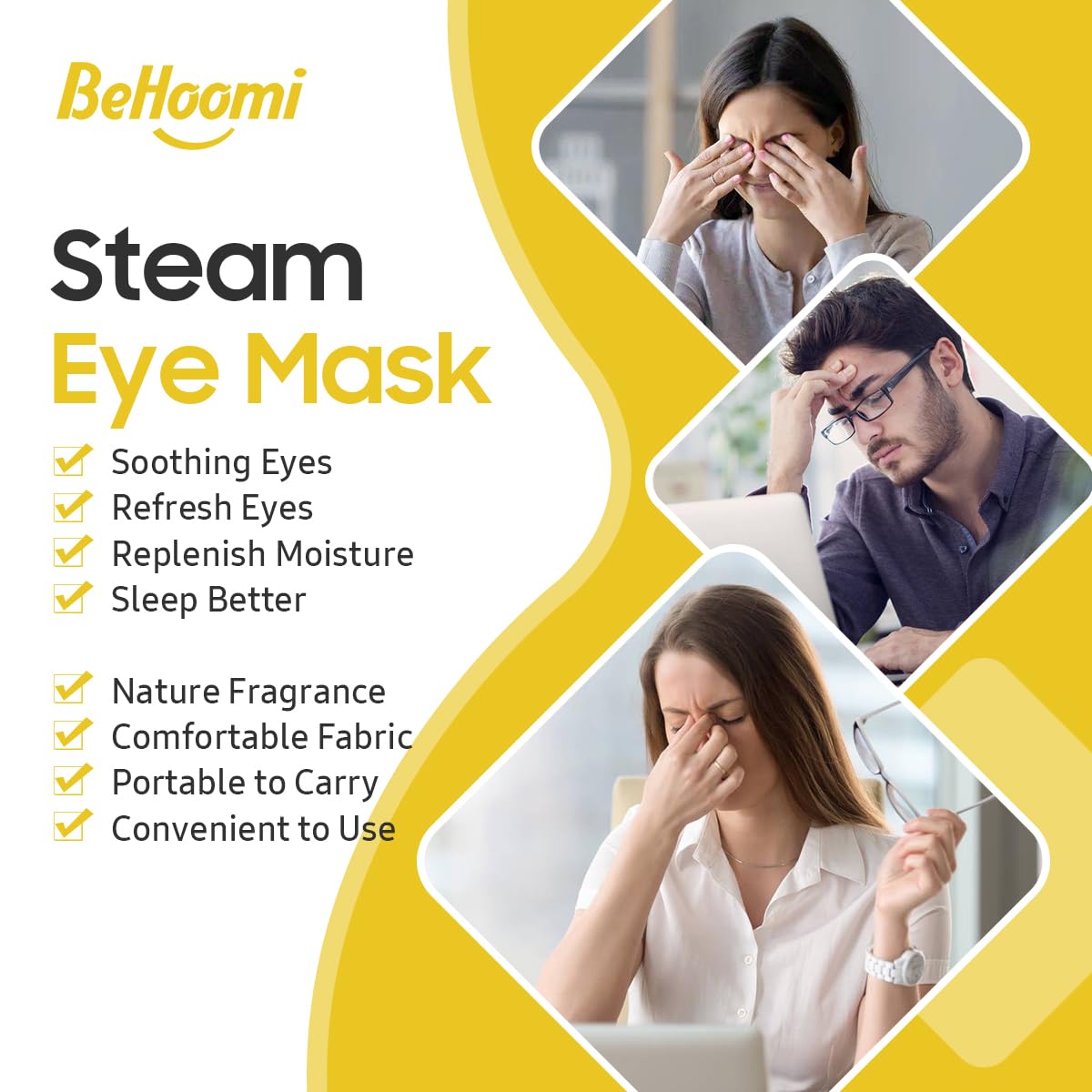 BeHoomi Steam Eye Mask in use on a person relaxing