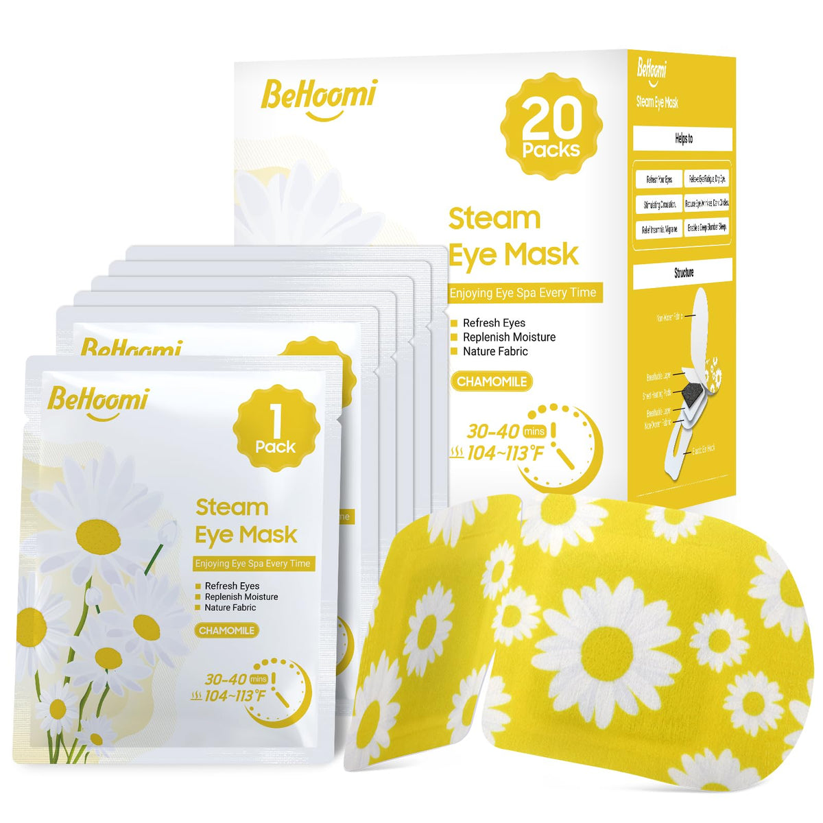 BeHoomi Steam Eye Mask package front view with chamomile design