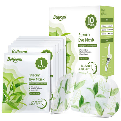 BeHoomi Steam Eye Mask packaging front view with green tea scent