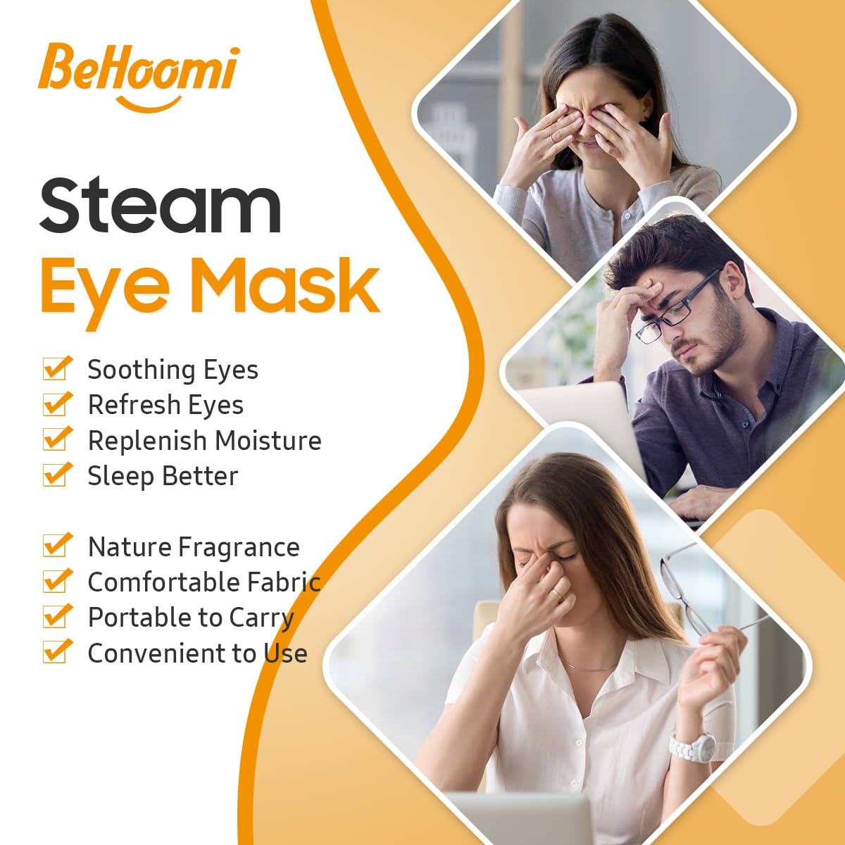 BeHoomi Steam Eye Mask worn by a person relaxing