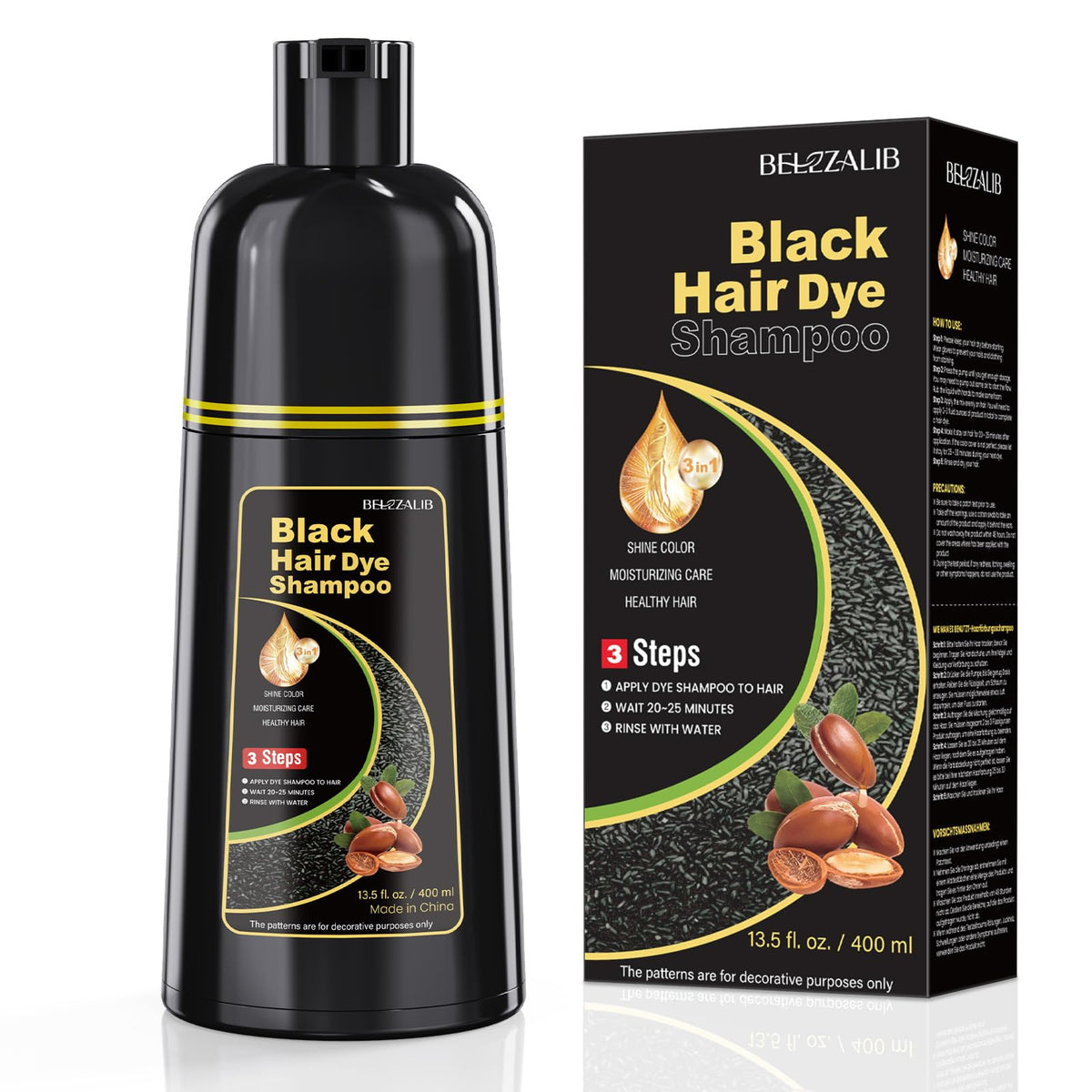 BELEZALIB Black Hair Dye Shampoo front view with packaging