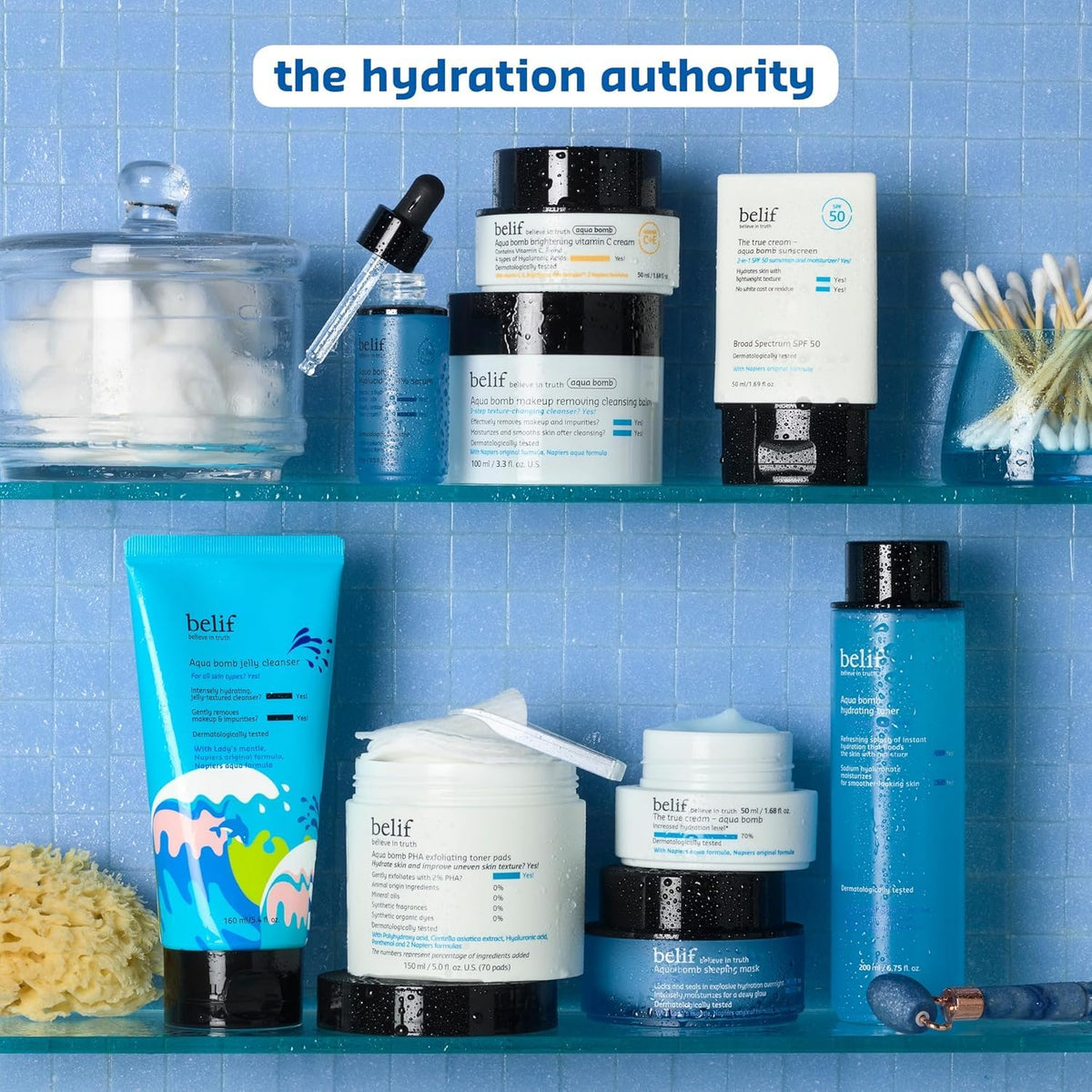 belif Aqua Bomb Cleansing Balm displayed with other skincare products