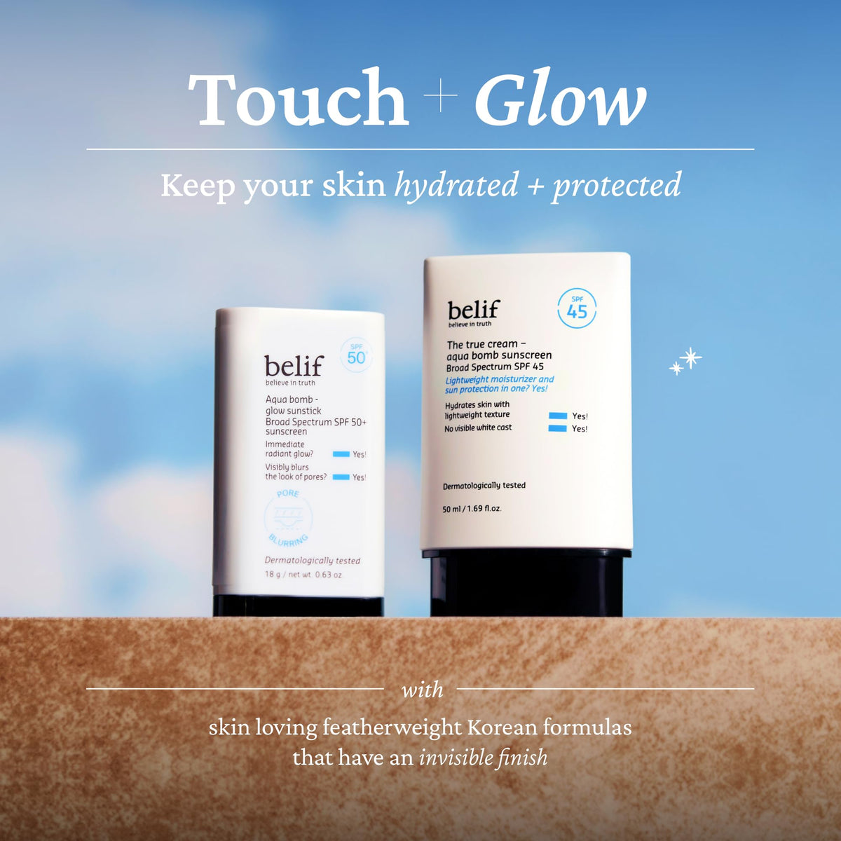belif Aqua Bomb SPF 45 Hydrating Sunscreen on a bathroom counter