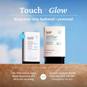 belif Aqua Bomb Sunscreen Stick with skincare products