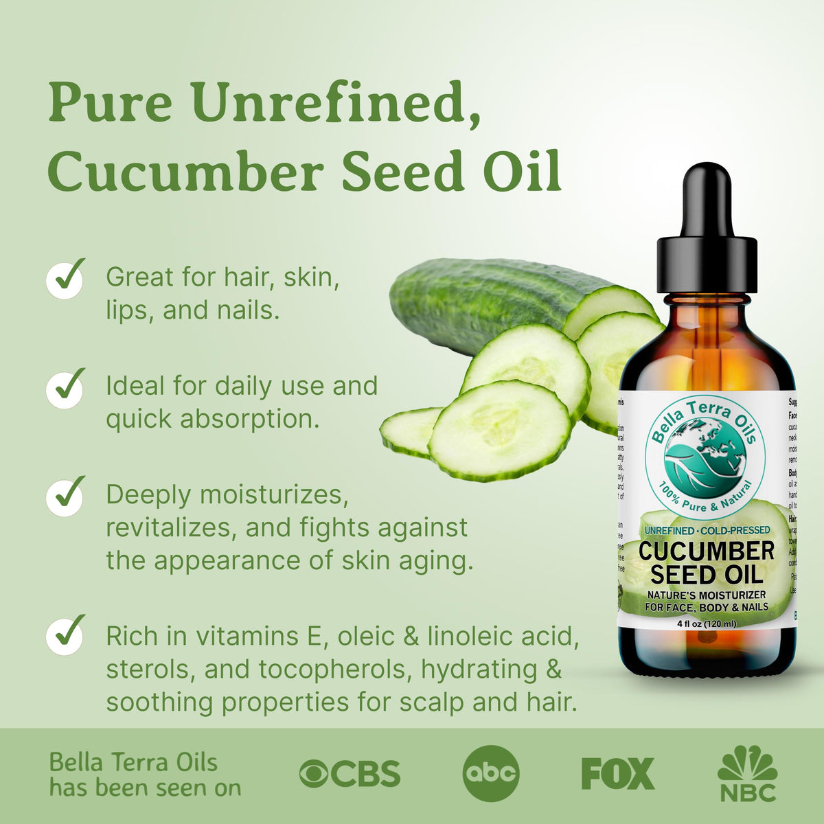 Bella Terra Oils Cucumber Seed Oil 8 oz back label