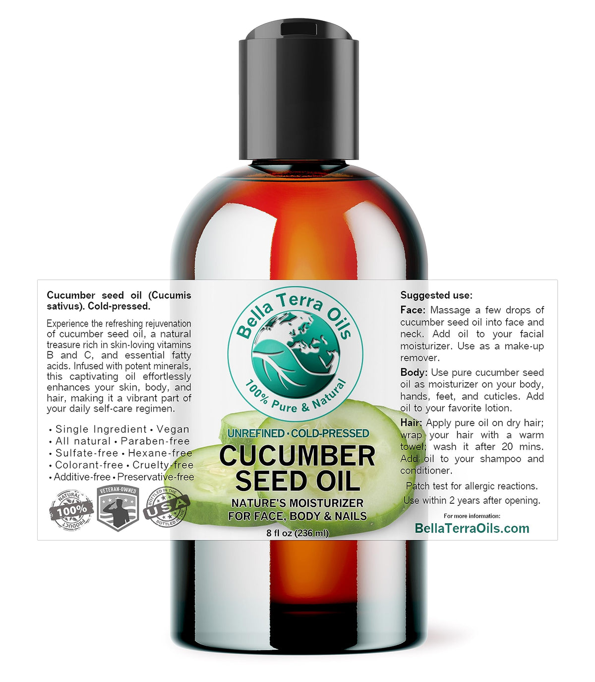 Bella Terra Oils Cucumber Seed Oil 8 oz bottle with cap