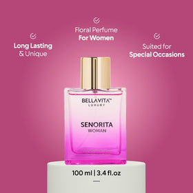 Bella Vita Luxury Senorita Eau de Parfum bottle with floral background
