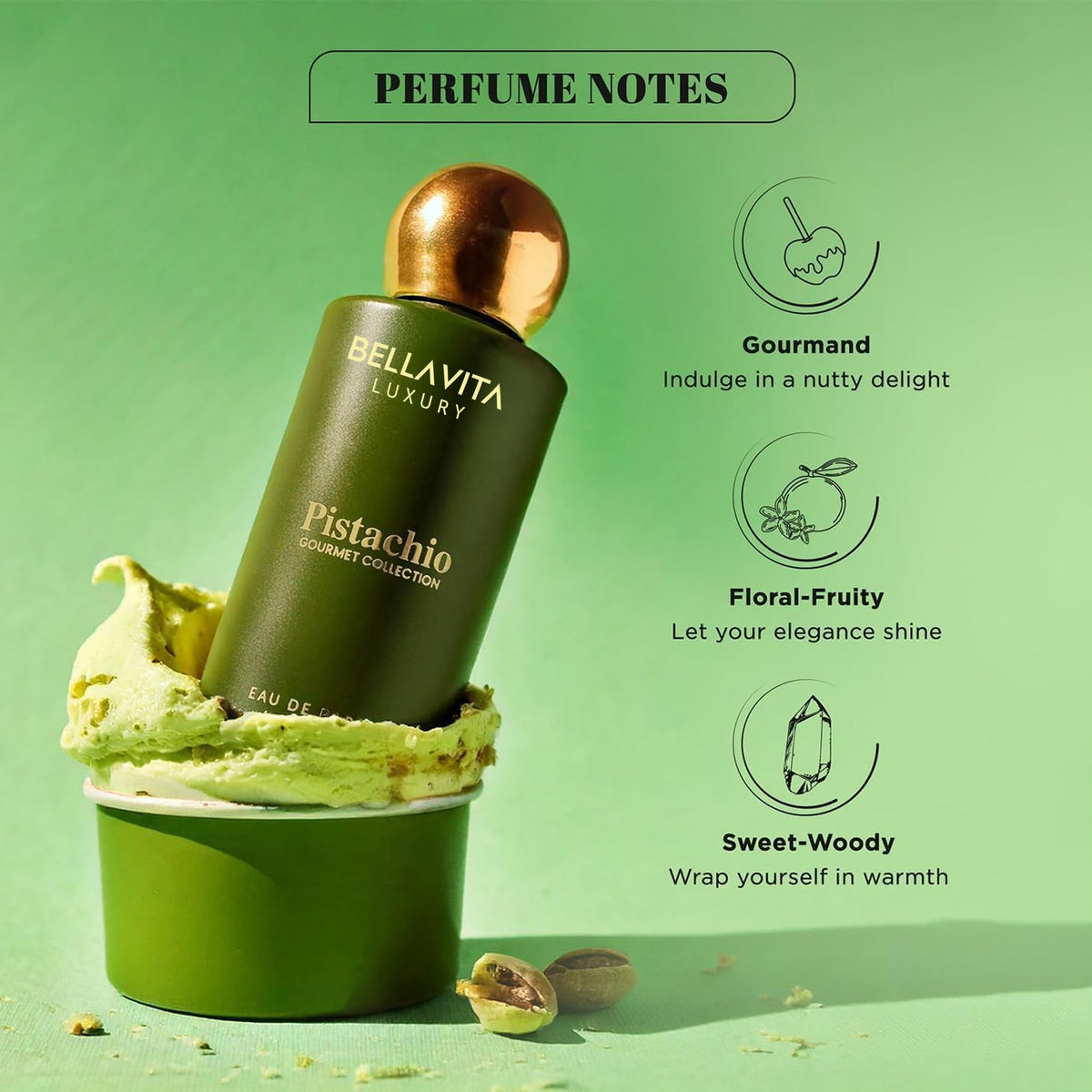 Bella Vita Organic Pistachio Eau de Parfum bottle with packaging