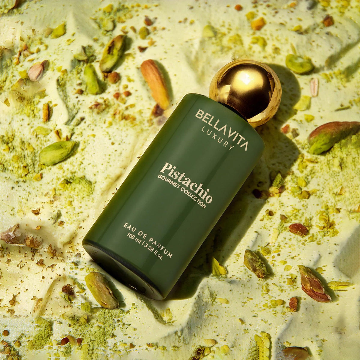 Bella Vita Organic Pistachio Eau de Parfum lifestyle scene on a vanity