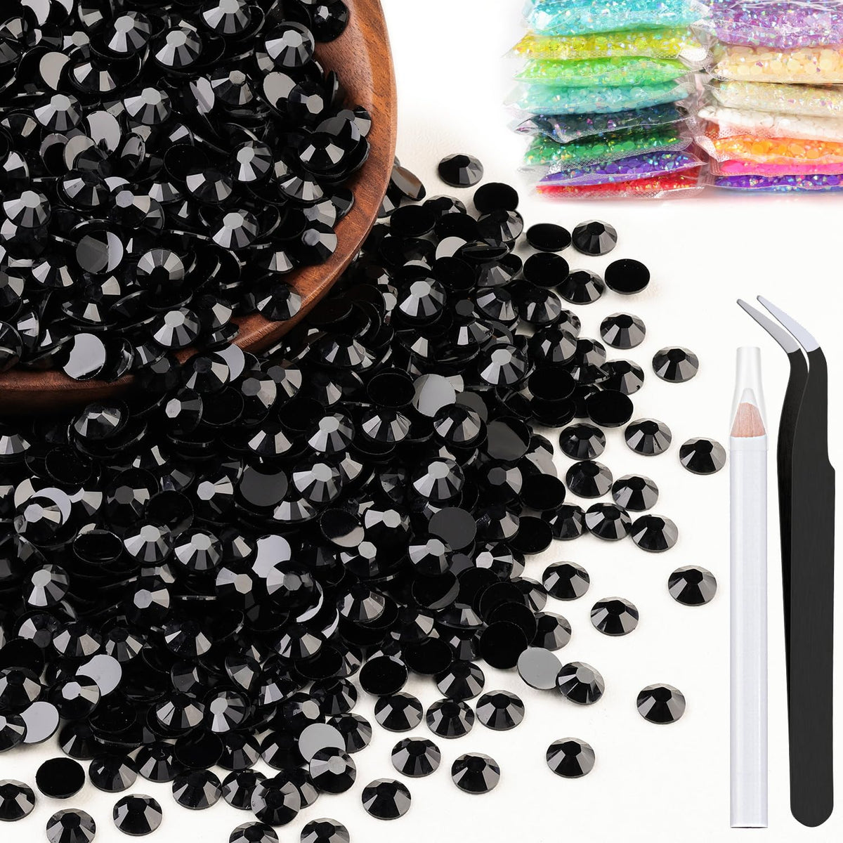 BELLEBOOST 2500pcs black flatback resin rhinestones pack front view