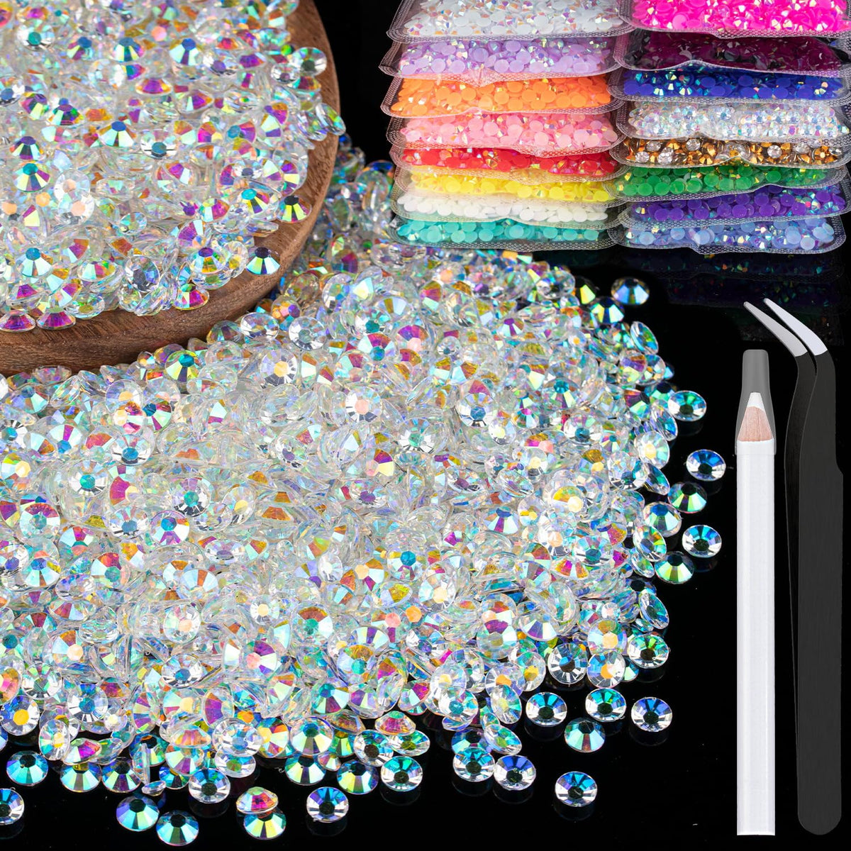 BELLEBOOST 5000pcs 3mm AB rhinestones bulk pack with tweezer and pencil