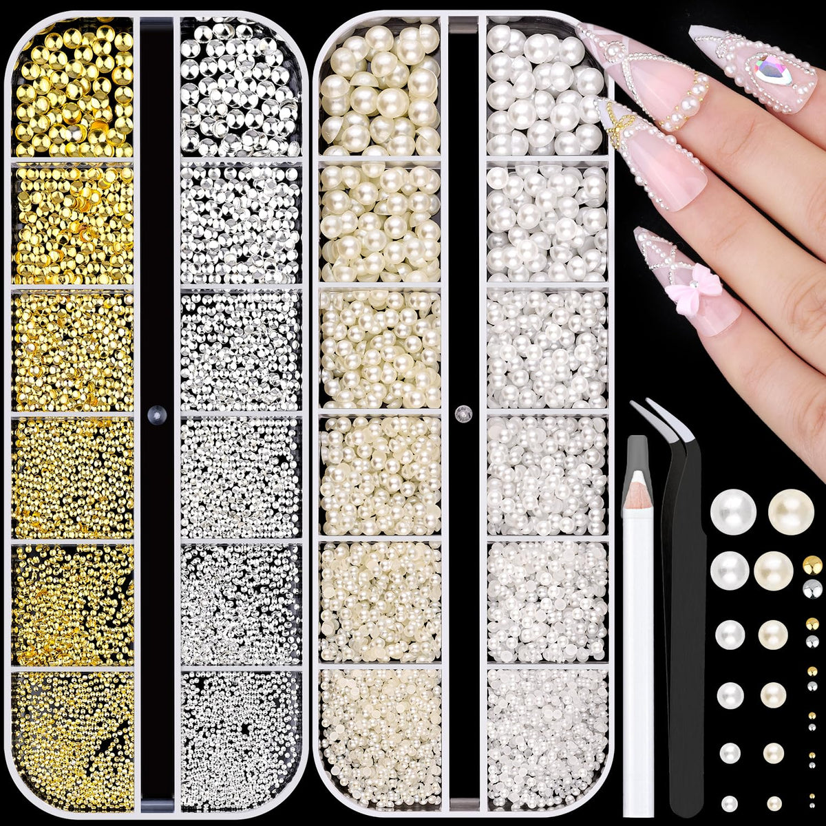 BELLEBOOST 7500Pcs 3D Nail Charms Kit with gold and silver beads