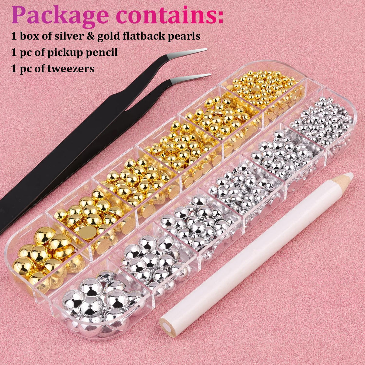 BELLEBOOST Flatback Nail Pearls displayed with other nail art accessories
