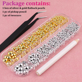 BELLEBOOST Flatback Nail Pearls displayed with other nail art accessories