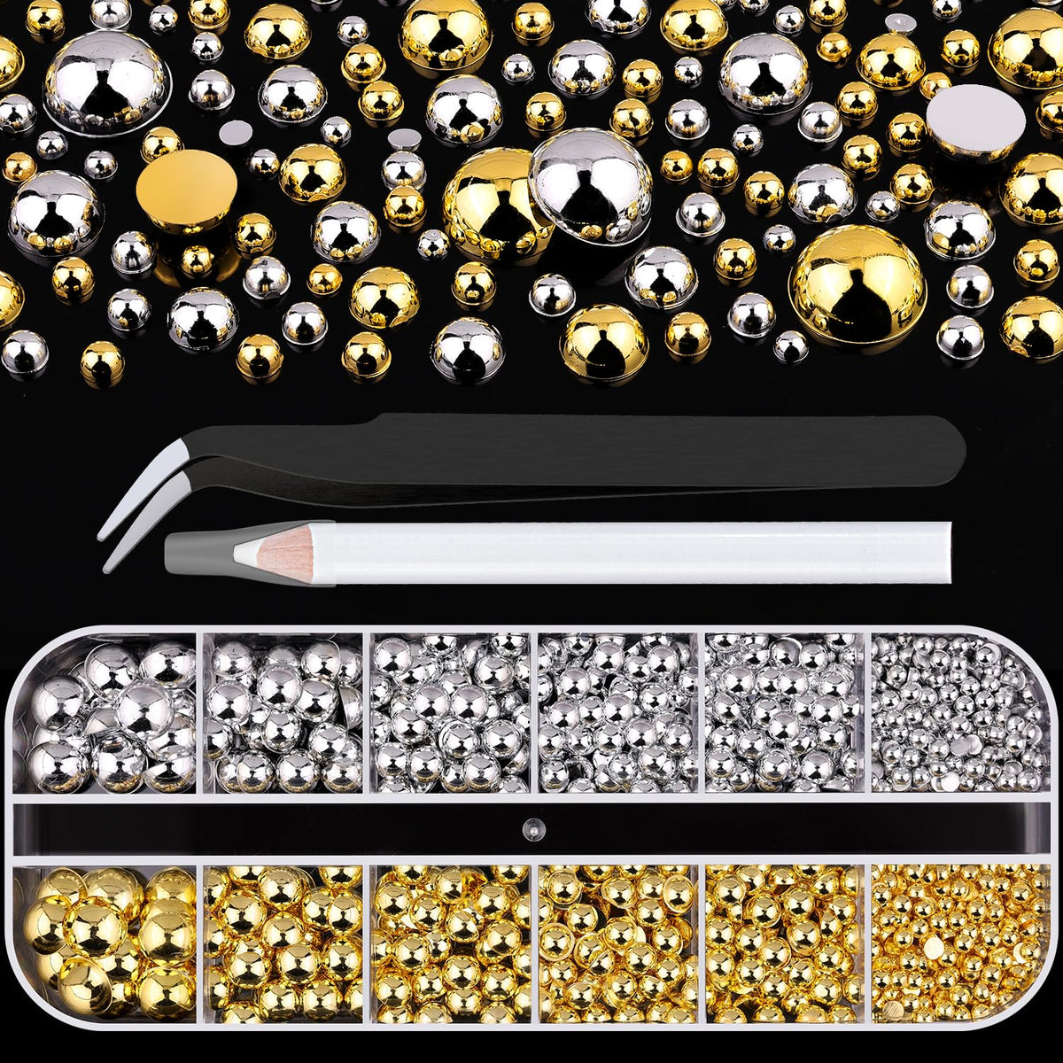 BELLEBOOST Flatback Nail Pearls gold and silver half round charms in box