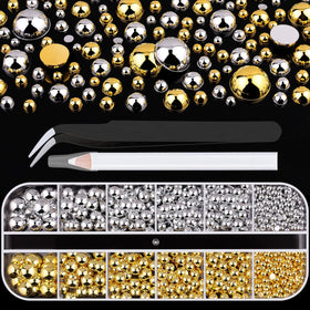 BELLEBOOST Flatback Nail Pearls gold and silver half round charms in box