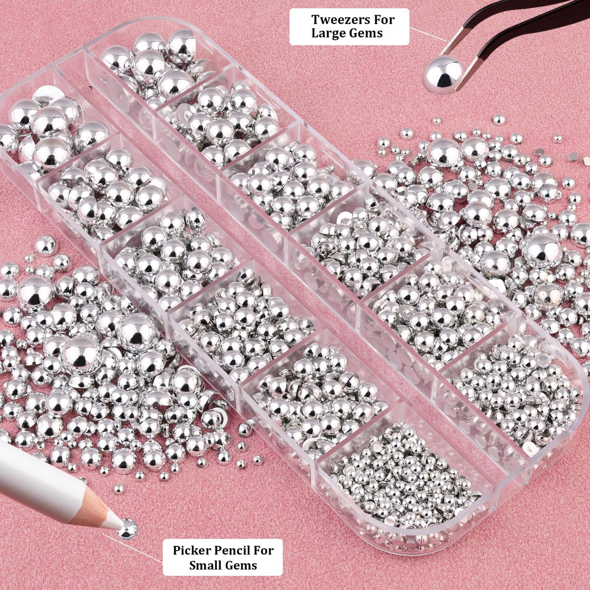 BELLEBOOST Flatback Nail Pearls showing different sizes 2mm to 8mm