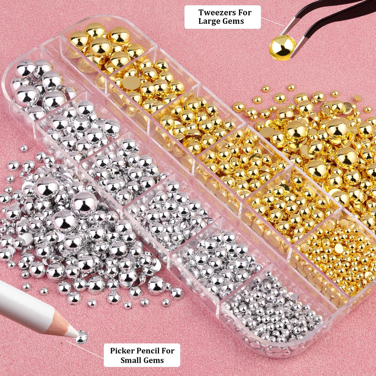 BELLEBOOST Flatback Nail Pearls with picker pencil and tweezers