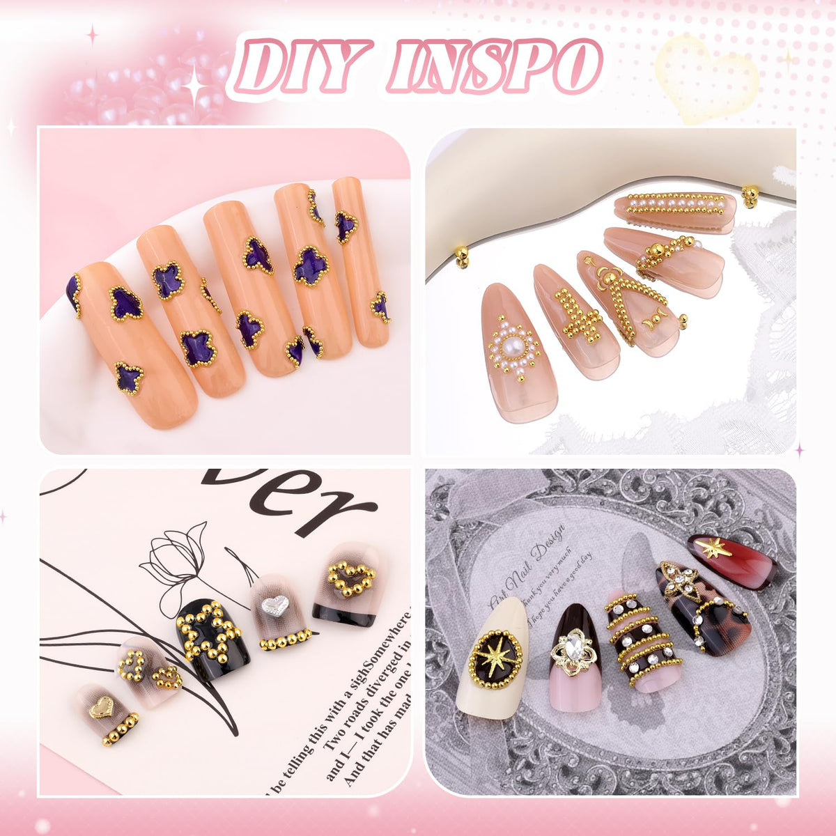 BELLEBOOST gold nail beads with chains on a white background