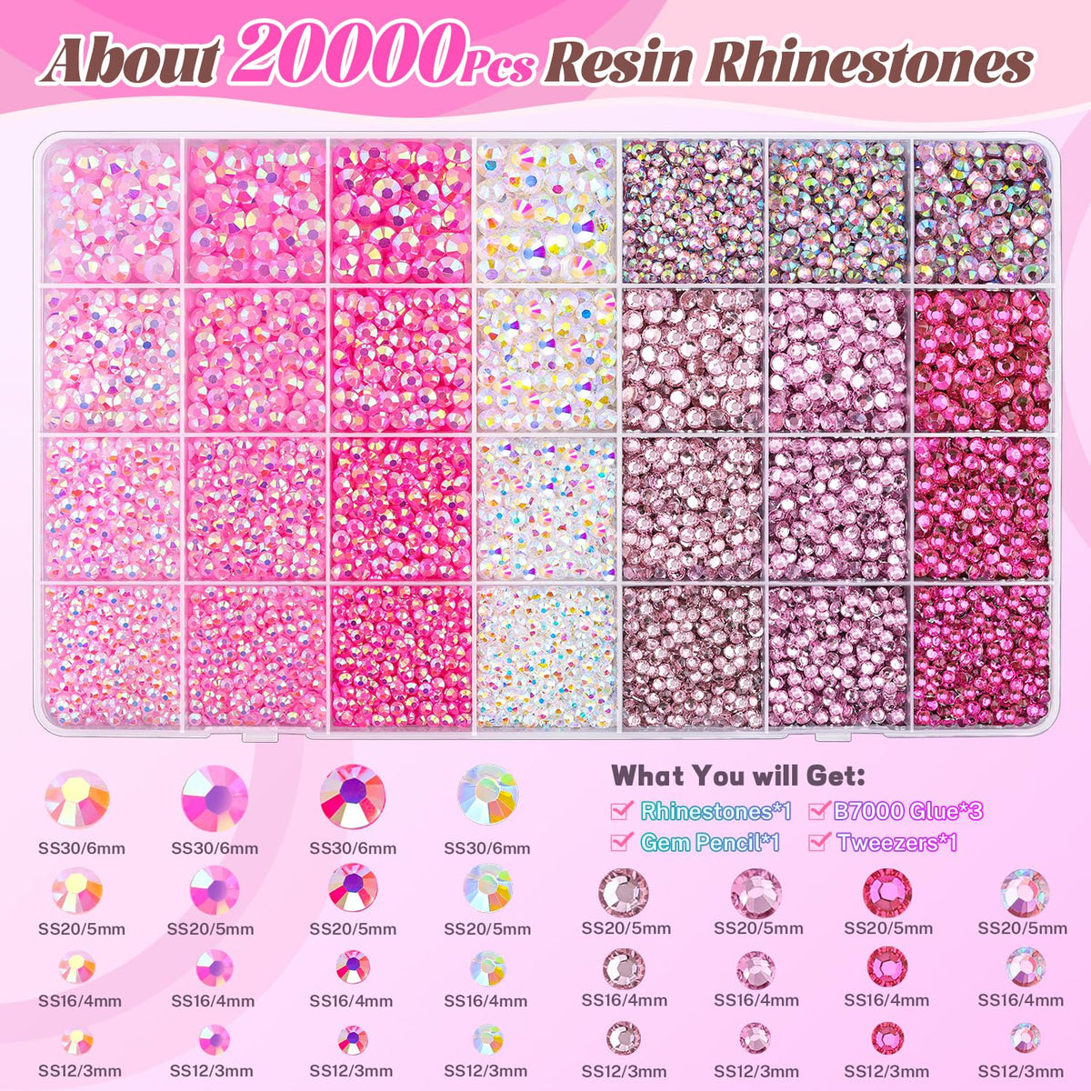 BELLEBOOST rhinestones box with 28 grids and assorted colours