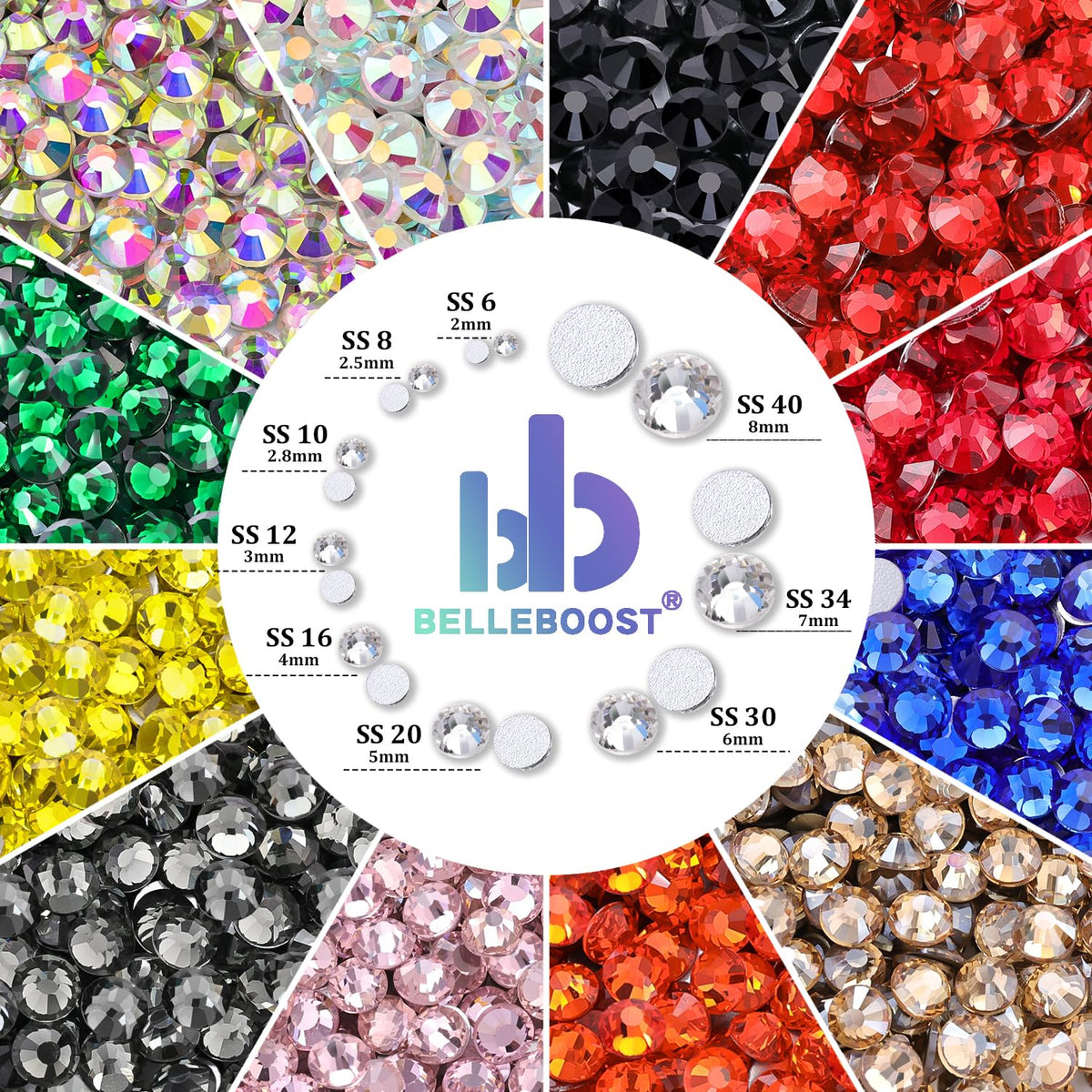 BELLEBOOST rhinestones displayed in various lighting conditions
