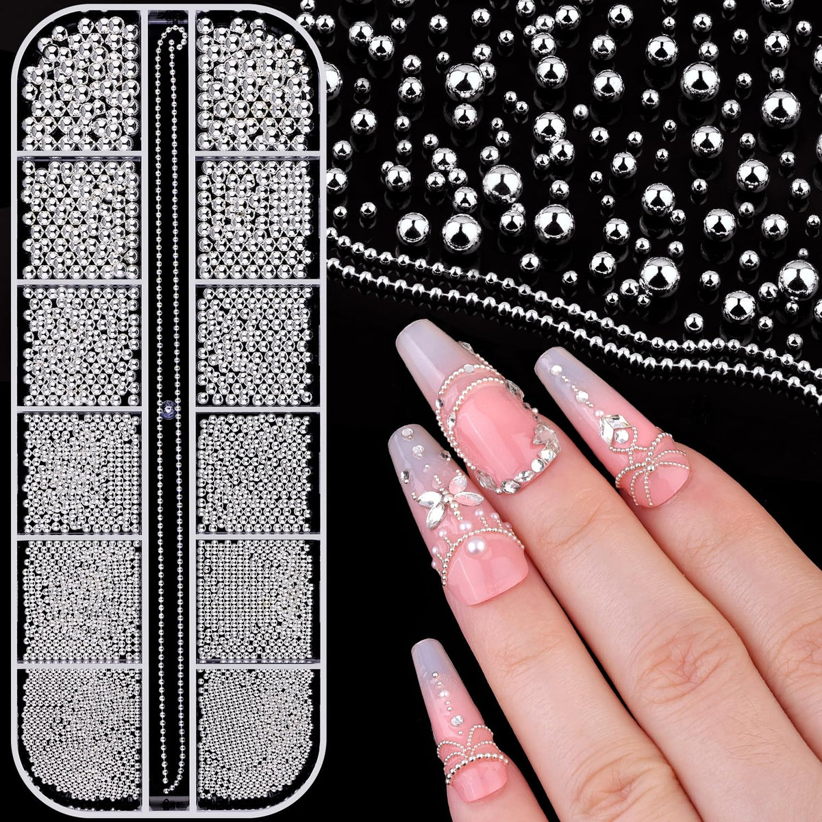 BELLEBOOST Small Nail Beads box with 12 grids of silver beads