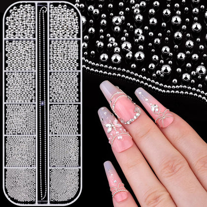 BELLEBOOST Small Nail Beads box with 12 grids of silver beads