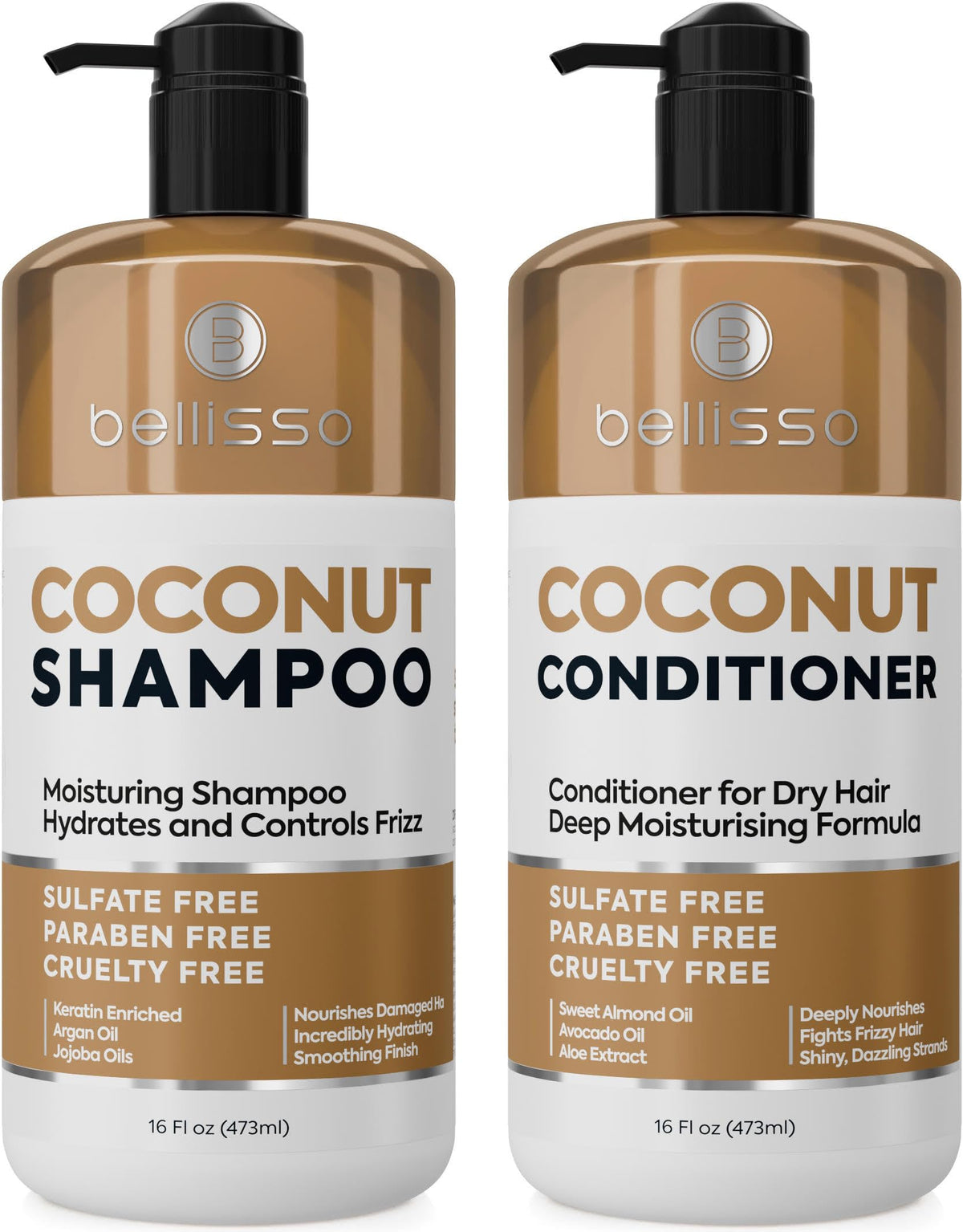BELLISSO Coconut Shampoo and Conditioner Set front view with 16 Fl Oz bottles