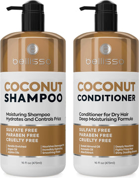 BELLISSO Coconut Shampoo and Conditioner Set front view with 16 Fl Oz bottles