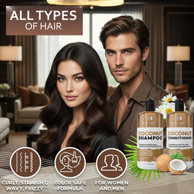BELLISSO Coconut Shampoo and Conditioner Set in a lifestyle setting with fresh towels