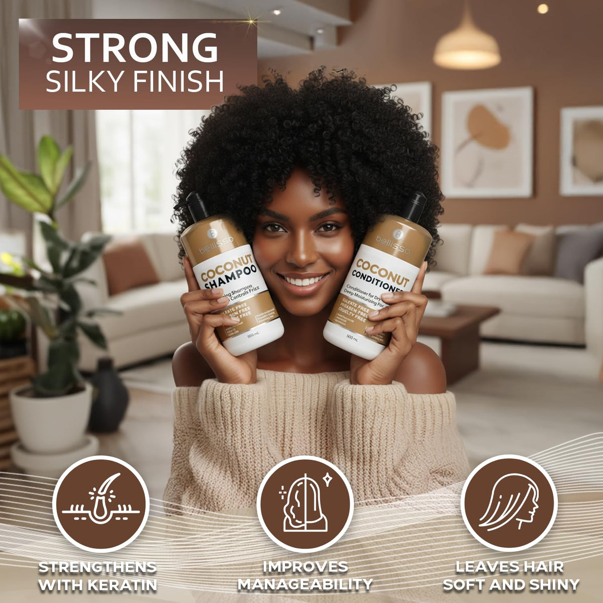 BELLISSO Coconut Shampoo and Conditioner Set packaging from the side