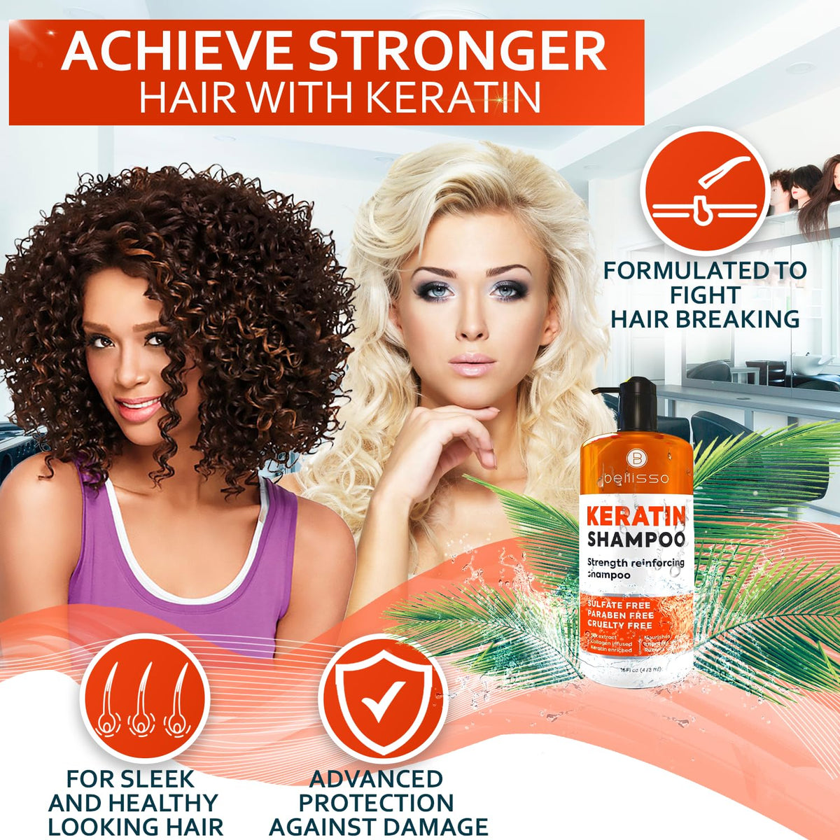 BELLISSO Keratin Enriched Shampoo back view with ingredient list