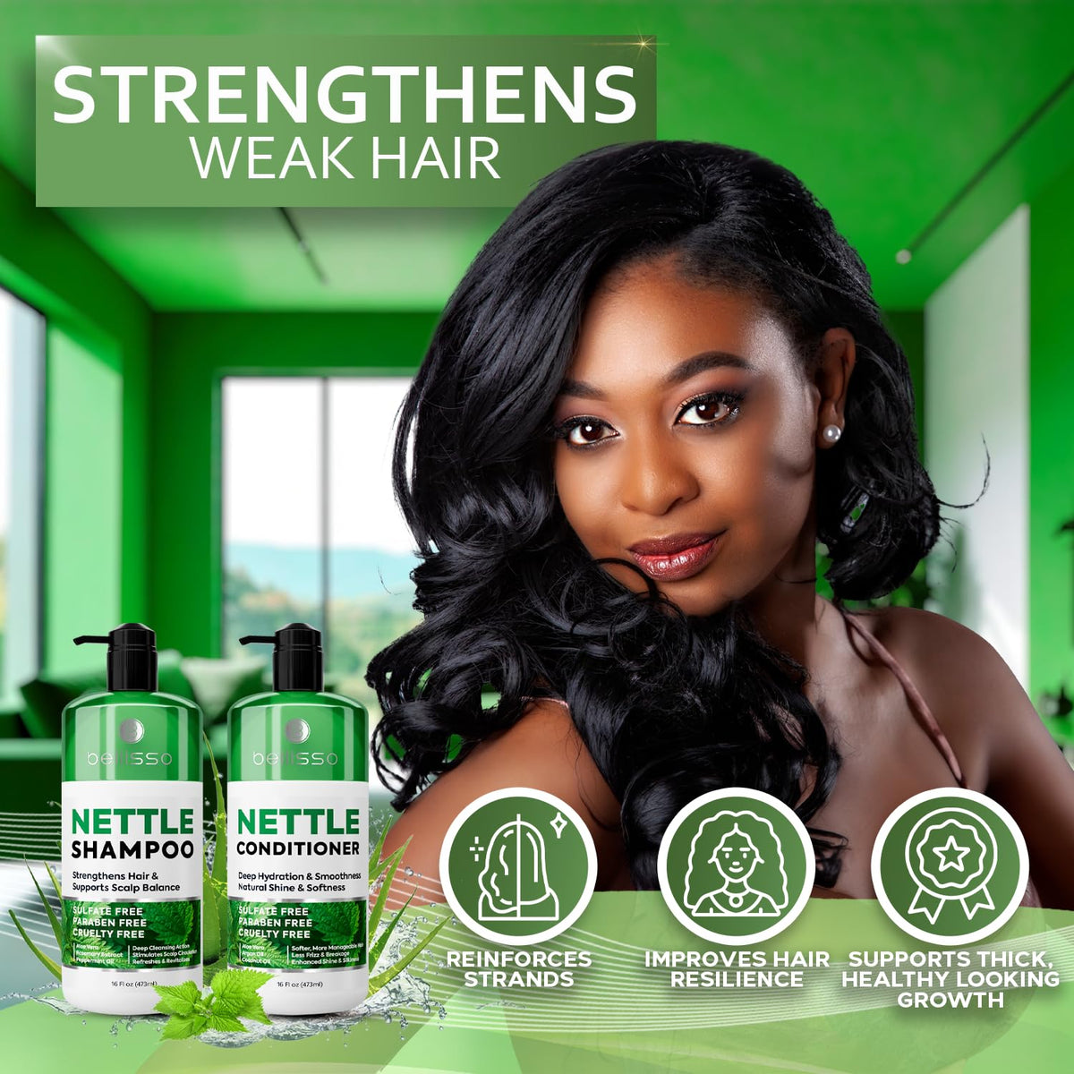 BELLISSO Nettle Shampoo and Conditioner set packaging