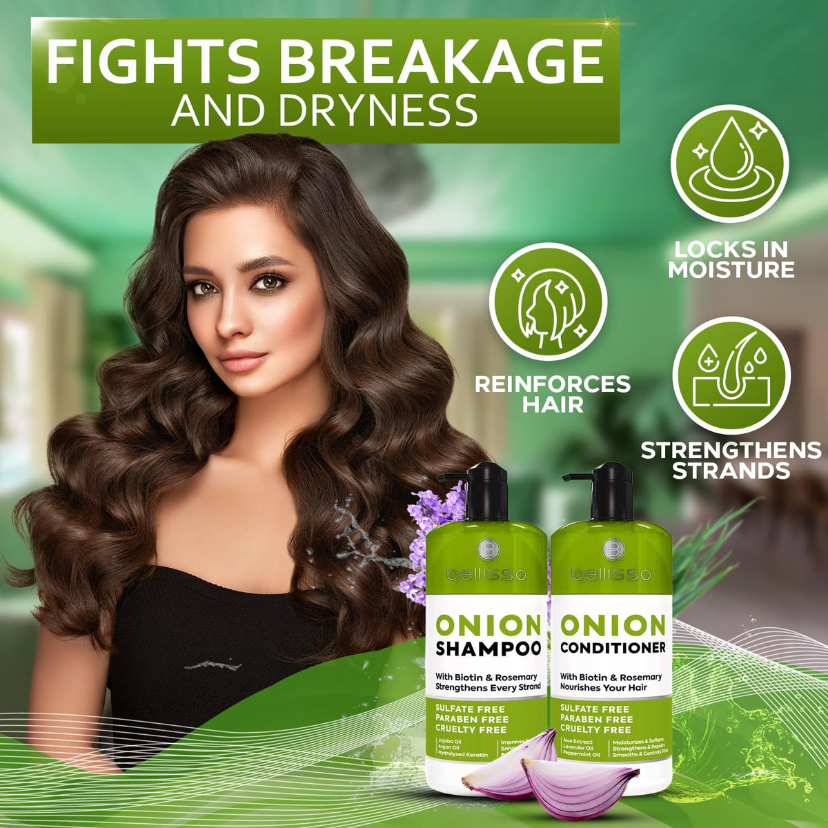 BELLISSO Onion Shampoo and Conditioner in a bathroom setting