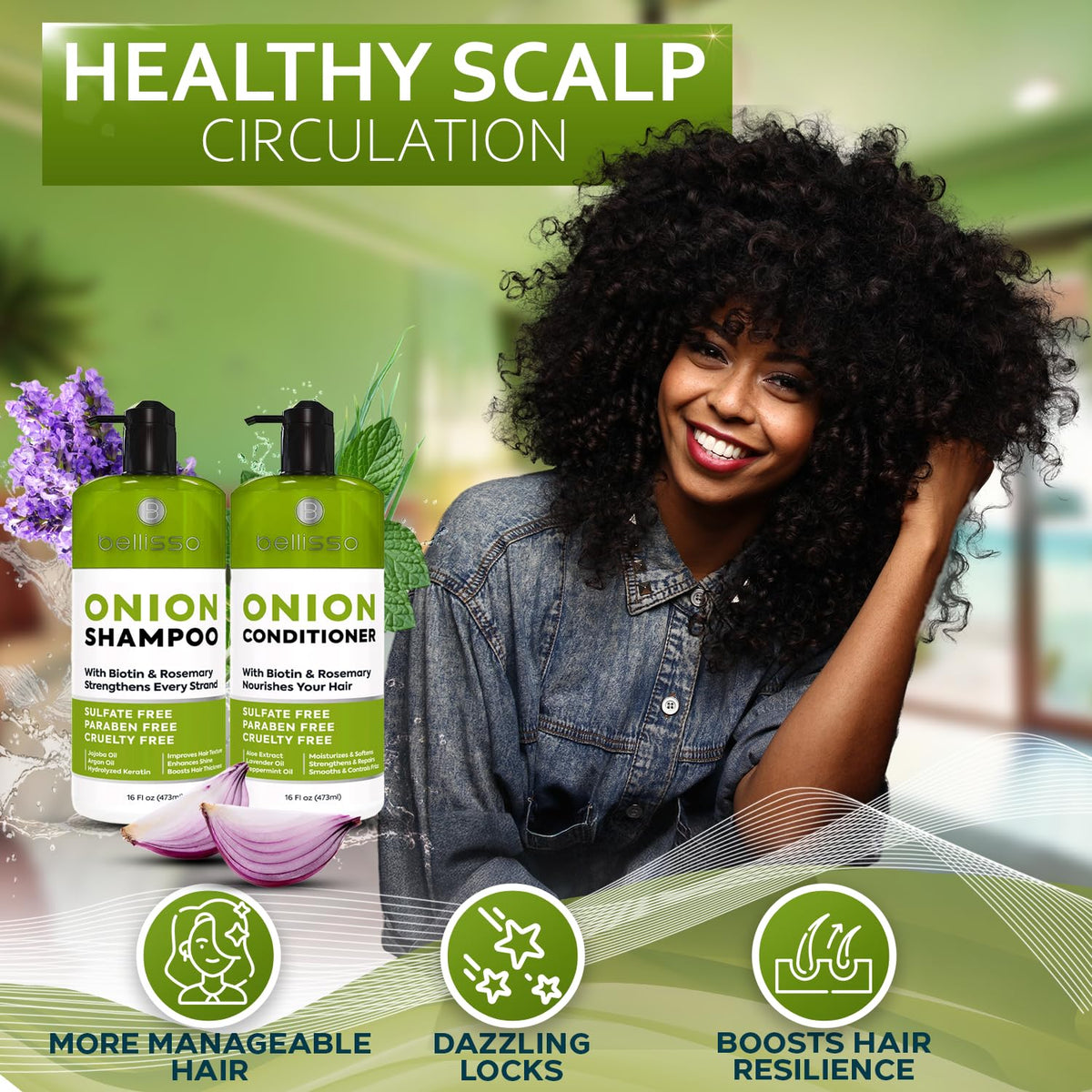 BELLISSO Onion Shampoo and Conditioner Set on a wooden shelf