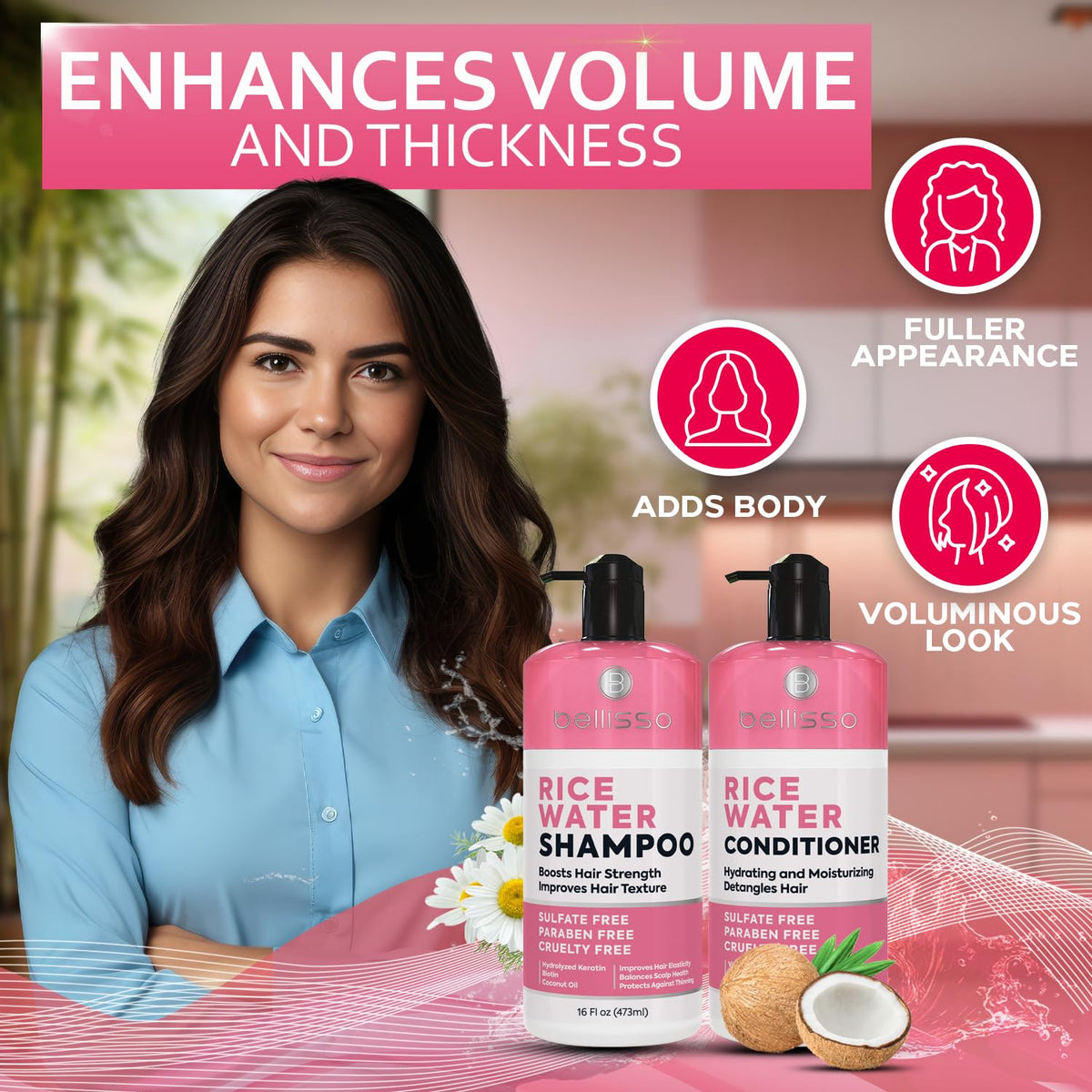 BELLISSO Rice Water Shampoo and Conditioner Set with natural ingredients