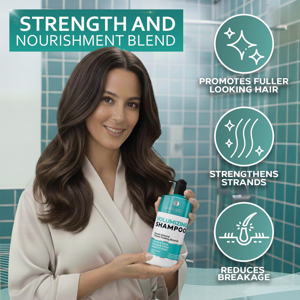 BELLISSO volumizing shampoo and conditioner set on a bathroom shelf